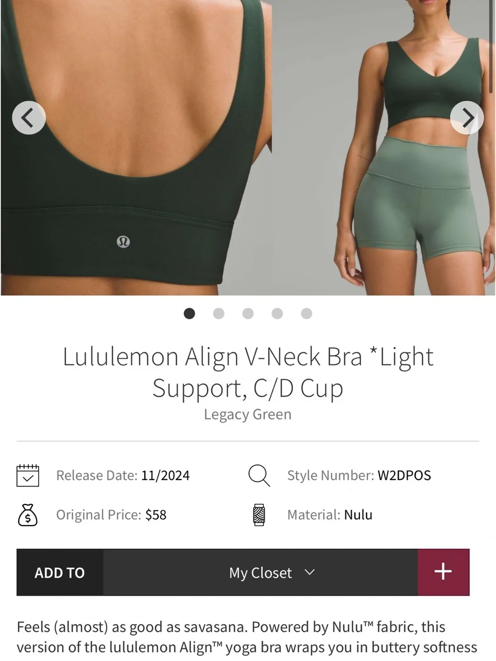 lululemon athletica Align V-Neck Bra — Legacy Green